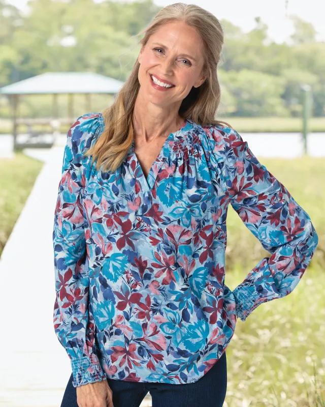 Appleseeds Women's Painterly Petals Y-Neck Popover - Purple - PL - Petite sold by Buff