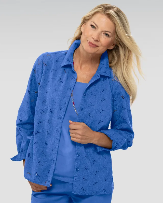 Appleseeds Women's Cotton Embroidered Eyelet Shirt - Blue - 8 - Misses sold by Buff