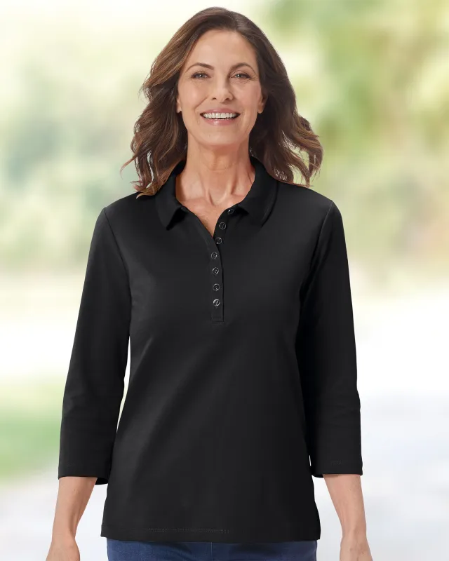 Appleseeds Women's Essential Cotton Solid Three-Quarter-Sleeve Polo - Black - PS - Petite sold by Buff