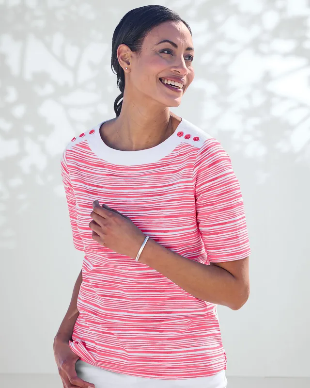 Appleseeds Women's Prima™ Cotton Brushstroke Stripe Button-Trim Bateau Tee - Pink - L - Misses sold by Buff