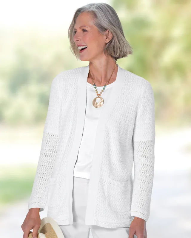 Appleseeds Women's Linen/Cotton Basketweave Cardigan - White - L - Misses sold by Buff