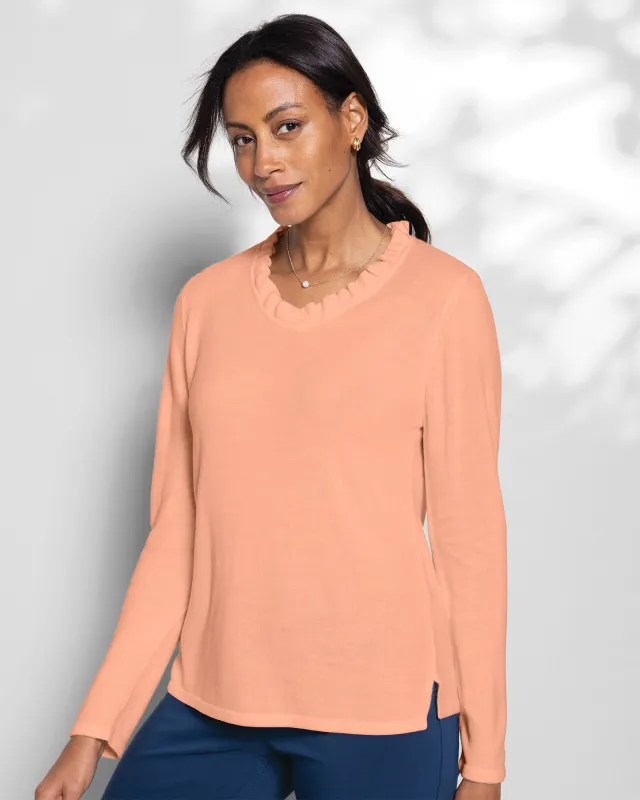 Appleseeds Women's Spindrift Ruffled V-Neck Sweater - Orange - XL - Misses sold by Buff