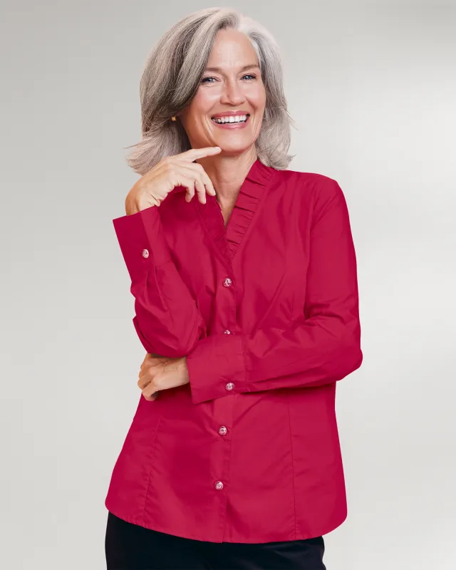 Appleseeds Women's Double-Ruffle Cotton Solid Shirt - Red - 6P - Petite sold by Buff