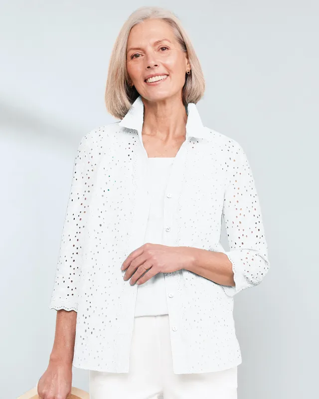Appleseeds Women's Scallop-Trimmed Eyelet Shirt - White - 14 - Misses sold by Buff