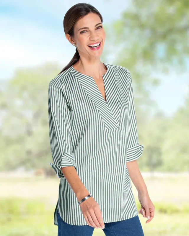 Appleseeds Women's Foxcroft Striped Non-Iron Tunic - Green - 10 - Misses sold by Buff