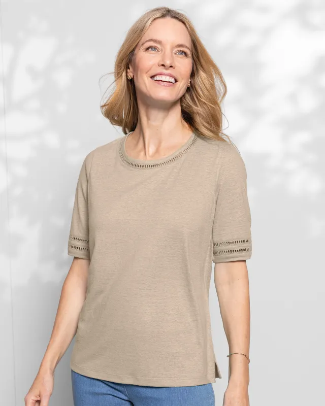 Appleseeds Women's Linen-Blend Elbow-Sleeve Tee - Tan - M - Misses sold by Buff