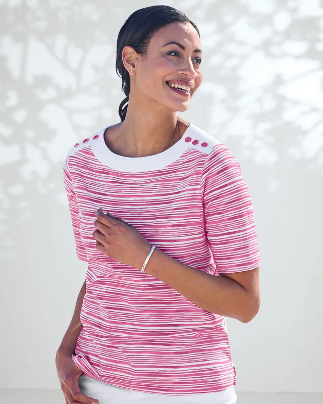 Appleseeds Women's Prima™ Cotton Brushstroke Stripe Button-Trim Bateau Tee - Red - 2X - Womens Plus sold by Buff