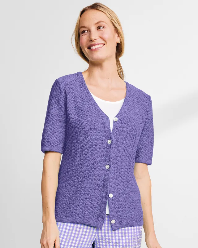 Appleseeds Women's Linen/Cotton Elbow-Sleeve Cardigan  - Purple - S - Misses sold by Buff