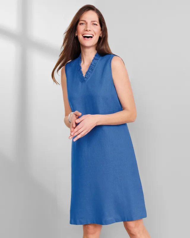 Appleseeds Women's Linen-Blend Ruffle-Neck Dress - Blue - PL - Petite sold by Buff