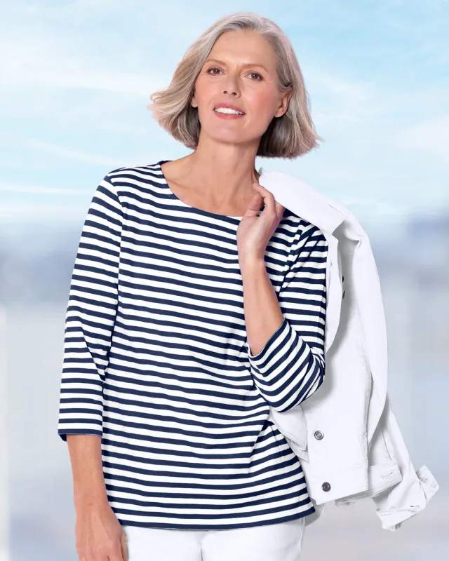 Appleseeds Women's Essential Cotton Striped Three-Quarter-Sleeve Tee - Multi - PM - Petite sold by Buff