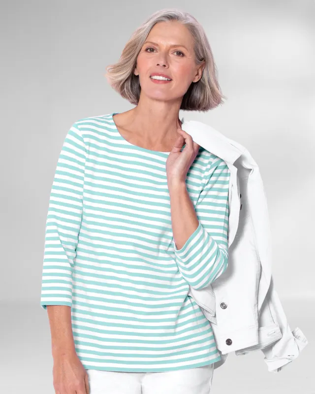 Appleseeds Women's Essential Cotton Striped Three-Quarter-Sleeve Tee - Multi - PL - Petite sold by Buff