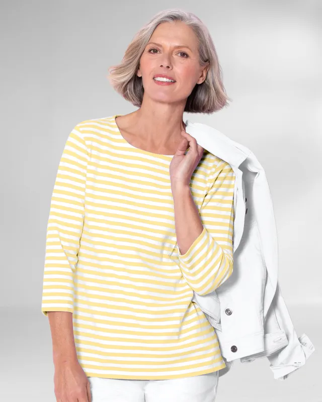 Appleseeds Women's Essential Cotton Striped Three-Quarter-Sleeve Tee - Multi - PM - Petite sold by Buff