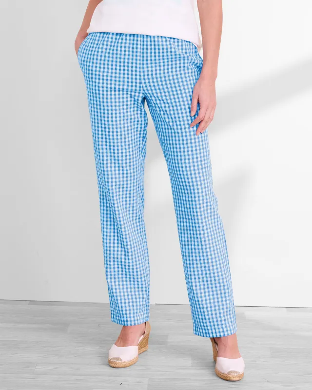 Appleseeds Women's Gingham Seersucker Pants - Blue - MPS - Petite Short sold by Buff