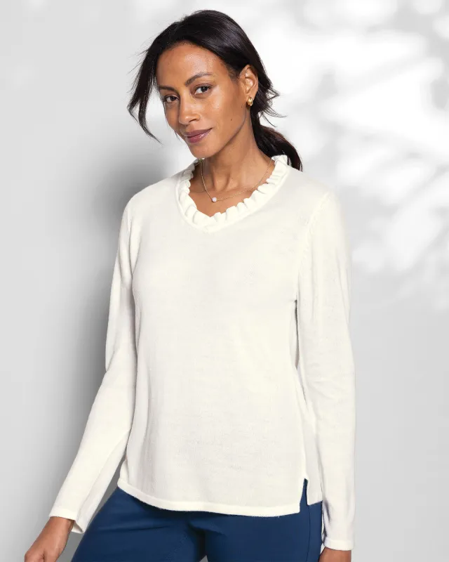Appleseeds Women's Spindrift Ruffled V-Neck Sweater - Ivory - XL - Misses sold by Buff