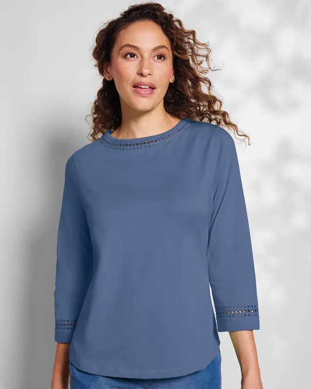 Appleseeds Women's Prima™ Cotton Hemstitch Tee - Blue - L - Misses sold by Buff
