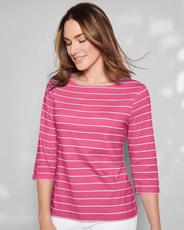 Appleseeds Women's Coastal Cotton Striped Bateau-Neck Tee - Multi - L - Misses sold by Buff