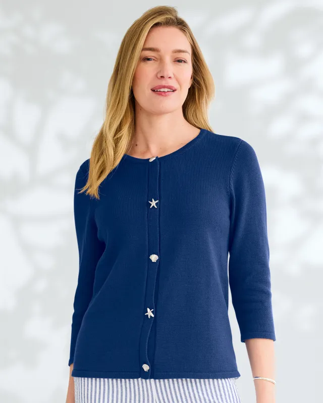 Appleseeds Women's Bayside Cotton Seaside-Buttons Cardigan - Blue - PS - Petite sold by Buff