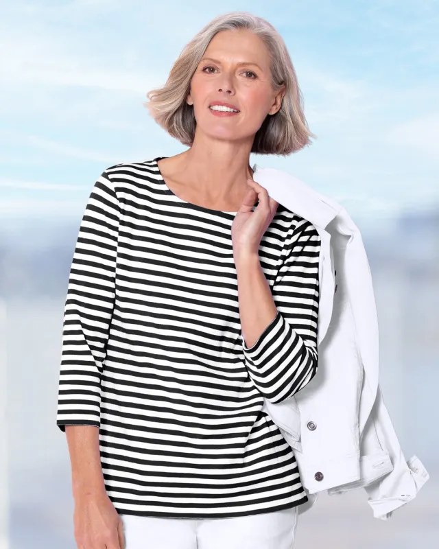 Appleseeds Women's Essential Cotton Striped Three-Quarter-Sleeve Tee - Multi - S - Misses sold by Buff