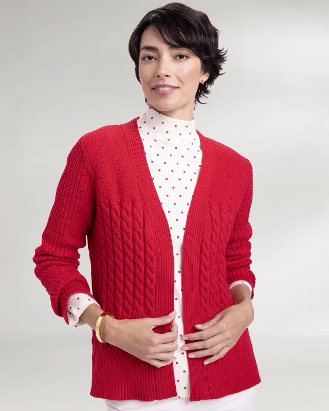 Appleseeds Women's Cozy Cotton Mixed-Stitch Open Cardigan Sweater - Red - S - Misses sold by Buff