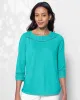 Appleseeds Women's Linen-Blend Eyelet-Trimmed Tee - Blue - PL - Petite sold by Buff