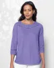 Appleseeds Women's Linen-Blend Eyelet-Trimmed Tee - Blue - PL - Petite sold by Buff