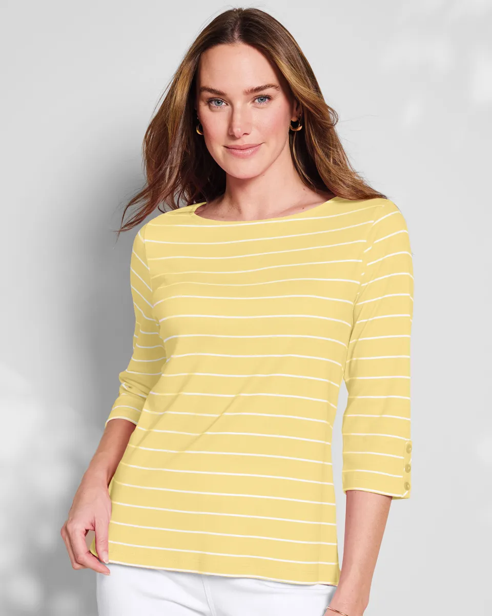 Appleseeds Women's Coastal Cotton Striped Bateau-Neck Tee - Multi - PXL - Petite sold by Buff
