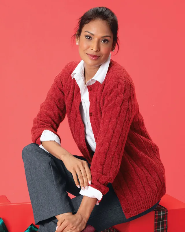 Appleseeds Women's Classic Cabled Wool Cardigan - Red - S - Misses sold by Buff