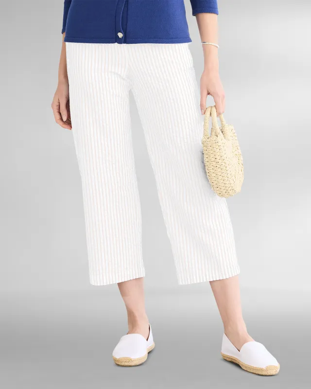 Appleseeds Women's Seaside Stripe Seersucker Cropped Pants - Tan - PL - Petite sold by Buff