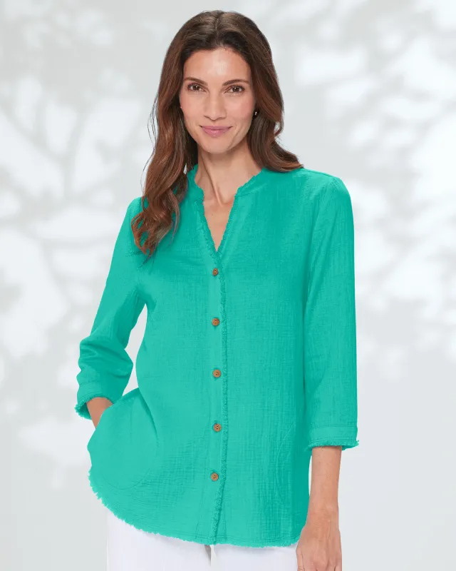 Appleseeds Women's Nantucket Cotton Fringed Button-Front Tunic - Blue - PL - Petite sold by Buff