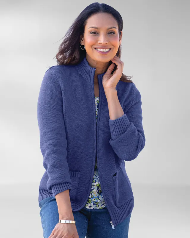 Appleseeds Women's Bayside Cotton Zip-Front Cardigan - Blue - S - Misses sold by Buff
