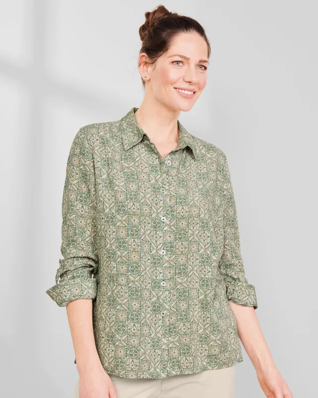 Appleseeds Women's Batik Tiles Crinkle Shirt  - Green - M - Misses sold by Buff