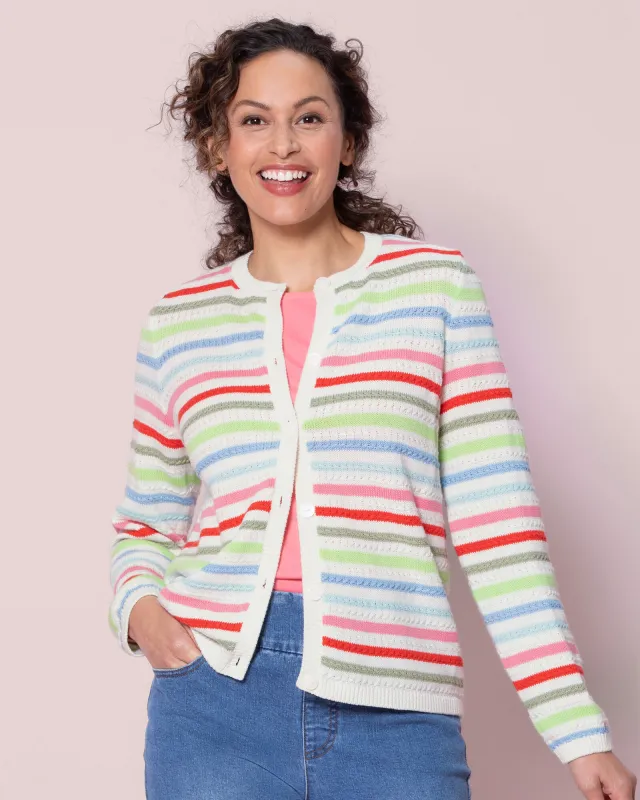 Appleseeds Women's Bayside Cotton Textured Rainbow-Stripe Cardigan - Multi - XL - Misses sold by Buff