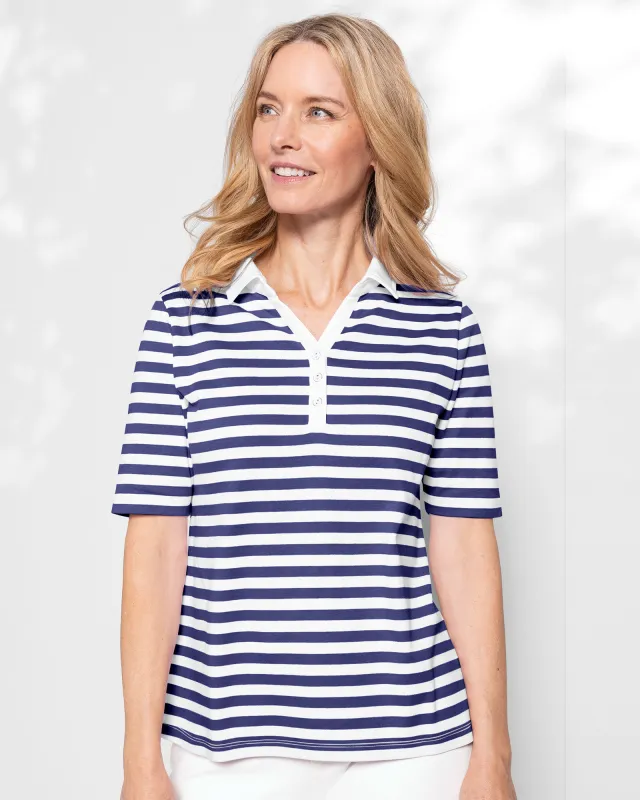 Appleseeds Women's Essential Cotton Stripe Elbow-Sleeve Polo - Multi - L - Misses sold by Buff