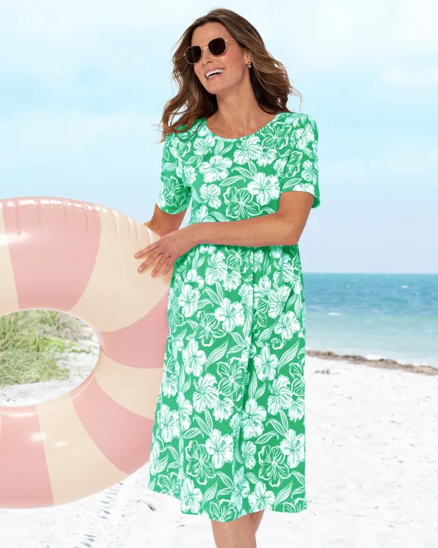 Appleseeds Women's Boardwalk Knit Print Weekend Dress - Green - PS - Petite sold by Buff