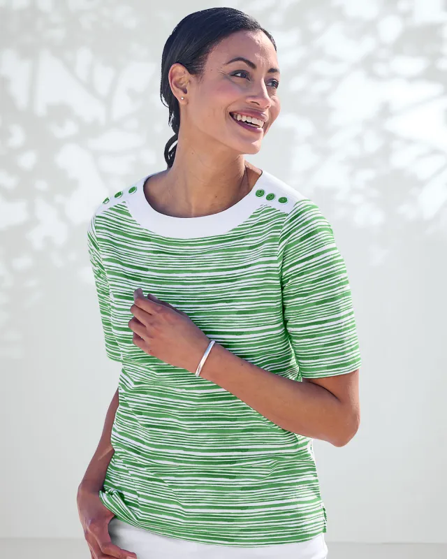 Appleseeds Women's Prima™ Cotton Brushstroke Stripe Button-Trim Bateau Tee - Green - S - Misses sold by Buff