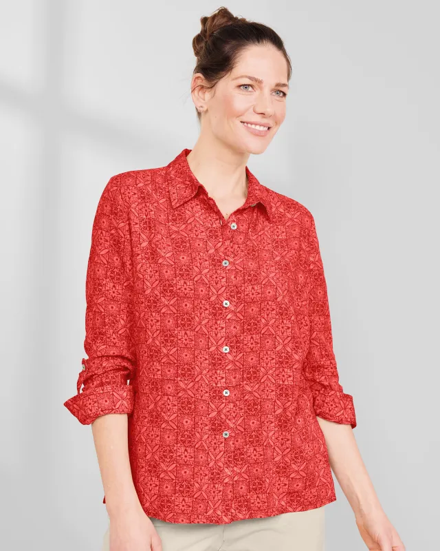 Appleseeds Women's Batik Tiles Crinkle Shirt  - Orange - L - Misses sold by Buff