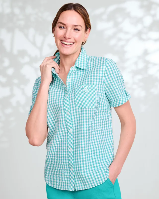 Appleseeds Women's Gingham Seersucker Camp Shirt - Blue - M - Misses sold by Buff