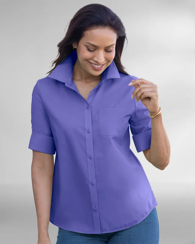 Appleseeds Women's Foxcroft® Elbow-Sleeve Camp Shirt - Purple - 8P - Petite sold by Buff