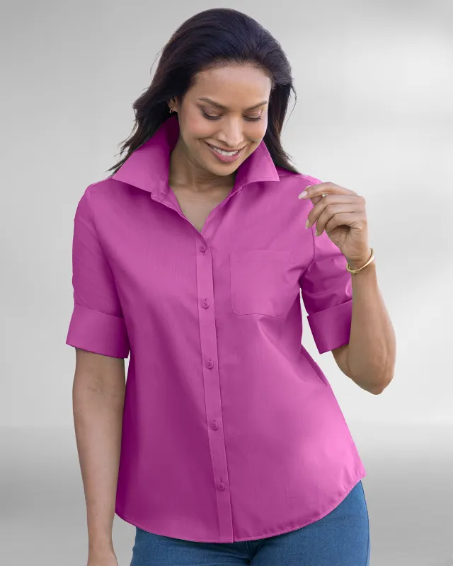 Appleseeds Women's Foxcroft® Elbow-Sleeve Camp Shirt - Purple - 8P - Petite sold by Buff