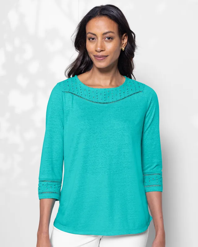 Appleseeds Women's Linen-Blend Eyelet-Trimmed Tee - Blue - PM - Petite sold by Buff