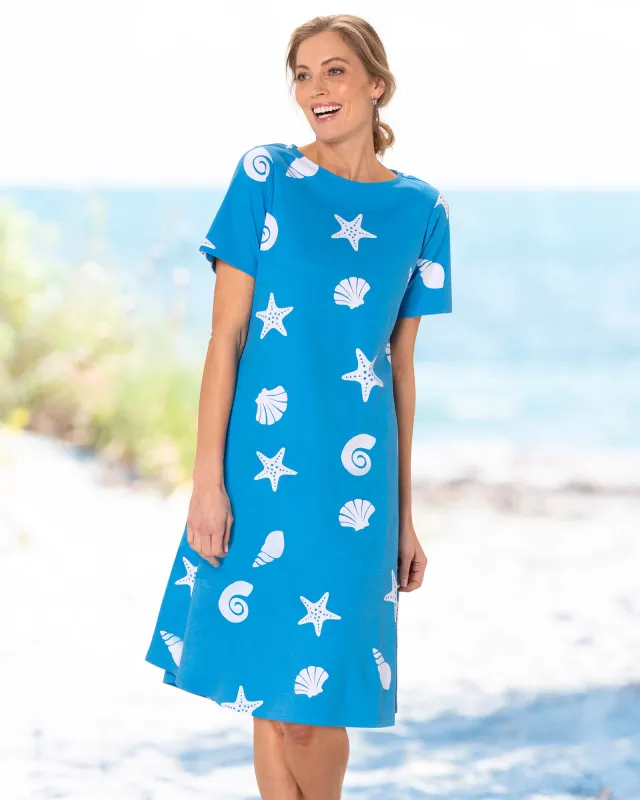 Appleseeds Women's Boardwalk Knit Seashell A-Line Dress - Blue - PL - Petite sold by Buff
