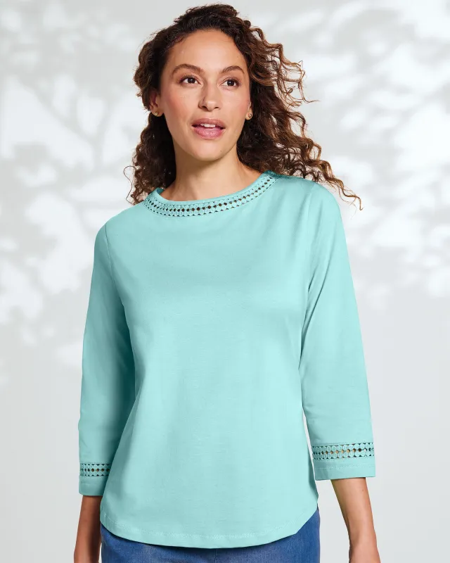 Appleseeds Women's Prima™ Cotton Hemstitch Tee - Blue - S - Misses sold by Buff
