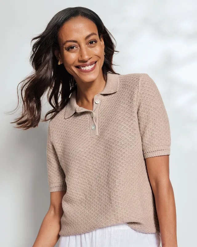 Appleseeds Women's Linen/Cotton Honeycomb Polo - Tan - M - Misses sold by Buff