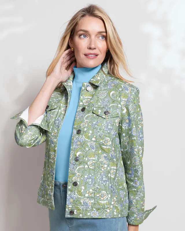 Appleseeds Women's DreamFlex Jacobean Floral Jean Jacket - Green - M - Misses sold by Buff