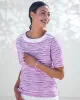 Appleseeds Women's Prima™ Cotton Brushstroke Stripe Button-Trim Bateau Tee - Purple - PM - Petite sold by Buff