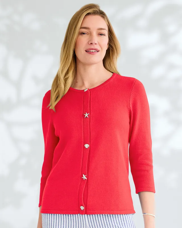 Appleseeds Women's Bayside Cotton Seaside-Buttons Cardigan - Red - PM - Petite sold by Buff