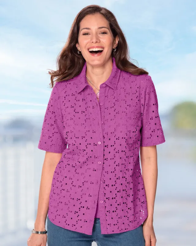 Appleseeds Women's Cotton Eyelet Elbow-Sleeve Shirt - Purple - 18P - Petite sold by Buff