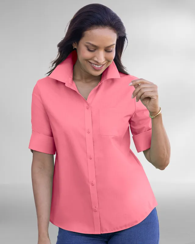 Appleseeds Women's Foxcroft® Elbow-Sleeve Camp Shirt - Pink - 12P - Petite sold by Buff