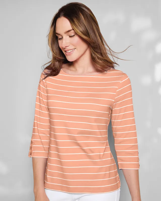 Appleseeds Women's Coastal Cotton Striped Bateau-Neck Tee - Multi - PL - Petite sold by Buff