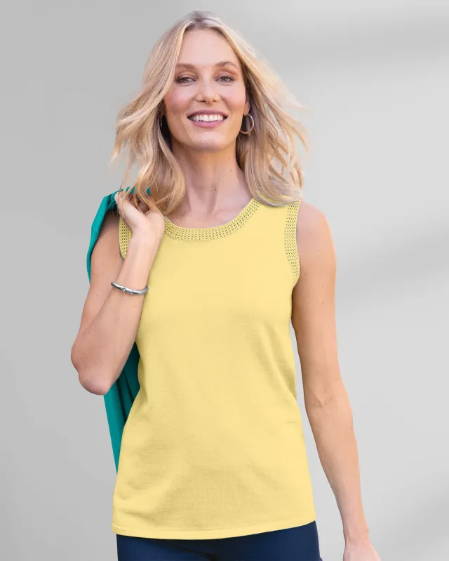 Appleseeds Women's Madison Crochet-Trim Sleeveless Shell - Yellow - PS - Petite sold by Buff